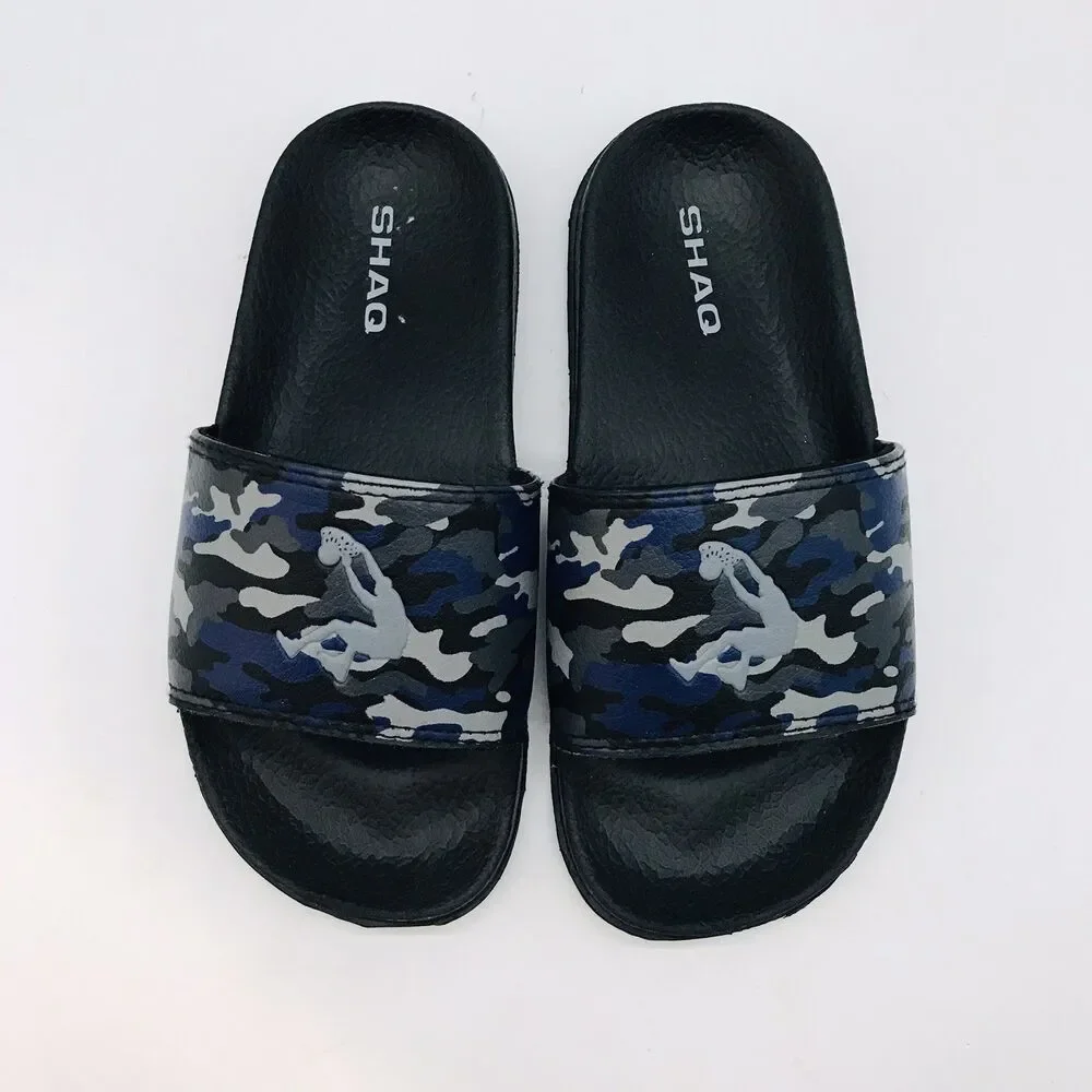 Shaq Camo Wide Strap Slides Children's size 1 Black & Gray Sandals Beach Shoes